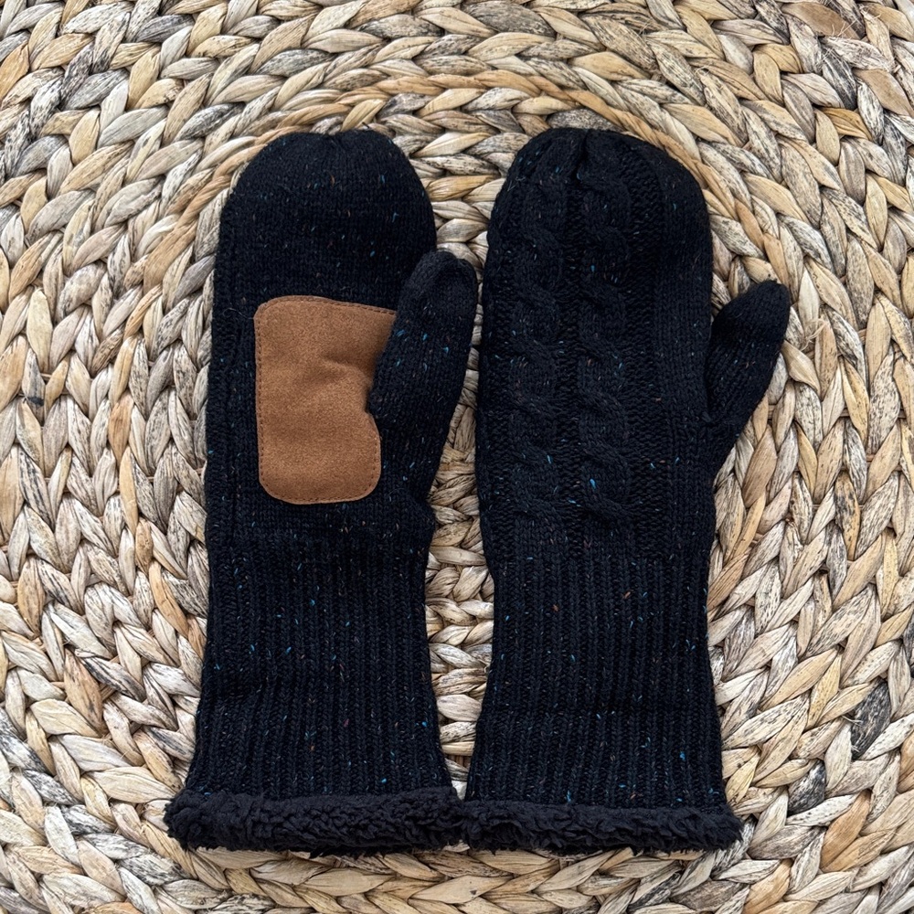 Black Knit Mittens with Brown Patch